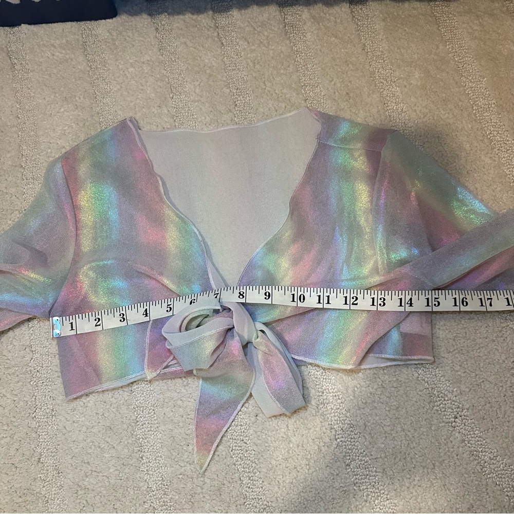 Shein Shimmery Rainbow Sheer Crop Top Long Bell Sleeve - Picture 3 of 5